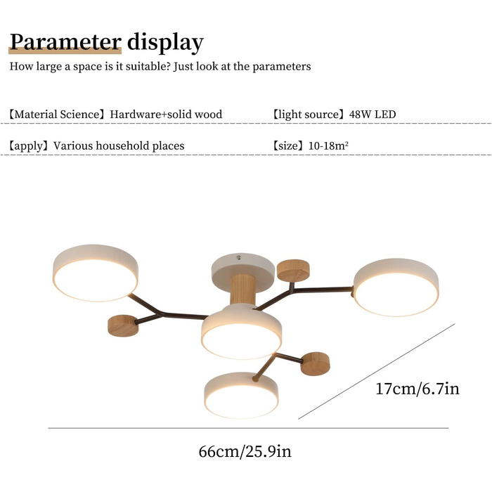 Стельовий світильник Schindora на 4 головки, 36 Вт теплий білий 3000K, стельова люстра з дерев'яним декором Ø66 см для вітальні Кухня Їдальня Домашній офіс Дитяча кімната