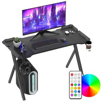 Ігровий стіл зі світлодіодним підсвічуванням та Y-подібною рамою, стійкість завдяки нековзним ніжкам, ігровий стіл з RGB-підсвічуванням та пультом дистанційного керування, комп&39ютерний стіл, тримач для навушників та підсклянник, чорний - 140x60x75 см