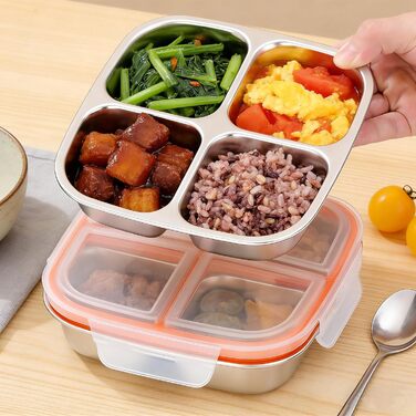 Набір з 2 контейнерів для перекусів з роздільниками, нержавіюча сталь, 17,5x17,5x4,5 см, 600 мл. Контейнер з 4 відділеннями та пластиковою кришкою, штабельовані, для зберігання їжі, сендвічів, для школи, роботи (4 відділення)