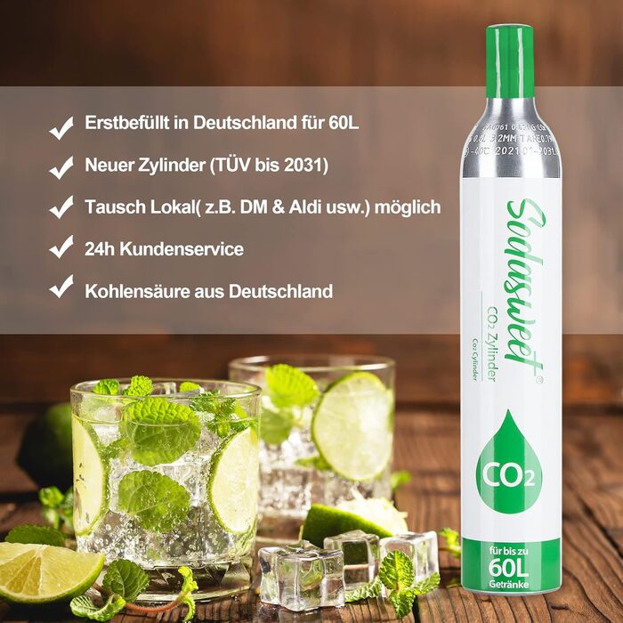 Циліндр CO2, новий і вперше заповнений у Німеччині, циліндр з вуглекислим газом циліндр для газованої води 425 г вуглекислого газу приблизно для 60 л води, підходить для виробників газованої води Sodastream тощо, 10 років TV, 2 шт.