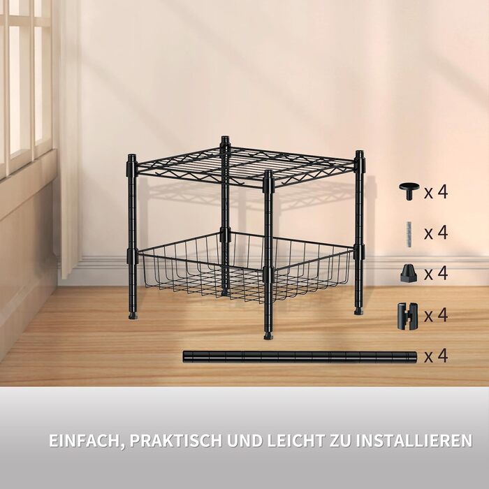 Металева стійка для зберігання, регульована штабелювальна стійка, штабелювана та розширювана стелажна система, міцна стелажна система для зберігання, полиця-органайзер для шафи (чорна, 2 рівні)