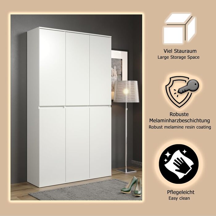 Багатофункціональна шафа - Біла - Шафа з 6 дверима, 12 полицями та 1 вішаком для одягу - (Ш x В x Г) 111 x 191 x 34 см - дверцята без ручок