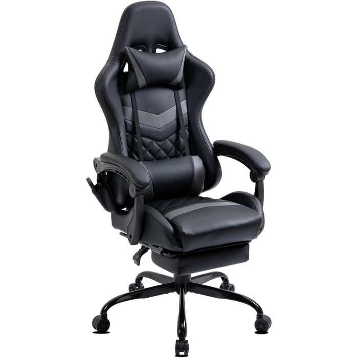 Ігрове крісло Delman, гоночне крісло, офісне крісло, комп&39ютерне крісло, масажна функція з 6 точками вібрації, крісло керівника зі штучної шкіри, ергономічна підставка для ніг 12-0037 (сірий колір)