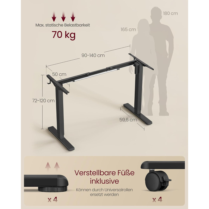 Електричний стіл VASAGLE з регульованою висотою, каркас столу, підставка для столу, без стільниці, з 2 гачками, функція пам&39яті з 3 висотами, сталь, чорний колір LSD021B01V2 1 чорний колір