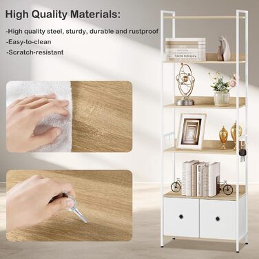 Окремостояча полиця WOLTU, книжкова полиця з 5 полицями та 2 шухлядами, настільна полиця для вітальні, кухні, кабінету, спальні, з металевим каркасом, 63x187x30 см, світлий дуб білий, RGB62whe 63x30x187 см Світлий дуб білий