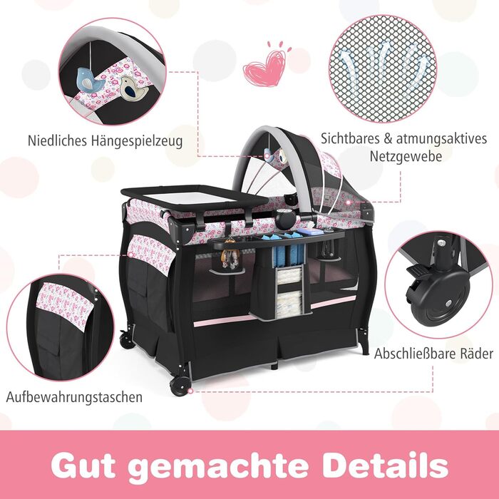 Дорожнє ліжечко COSTWAY 5 в 1 з матрацом, складне приліжкове ліжечко з регульованим балдахіном, дитяче ліжечко з пеленальний килимок, музичний мобіль та сумка для перенесення, дитяче дорожнє ліжечко до 15 кг (рожеві квіти)