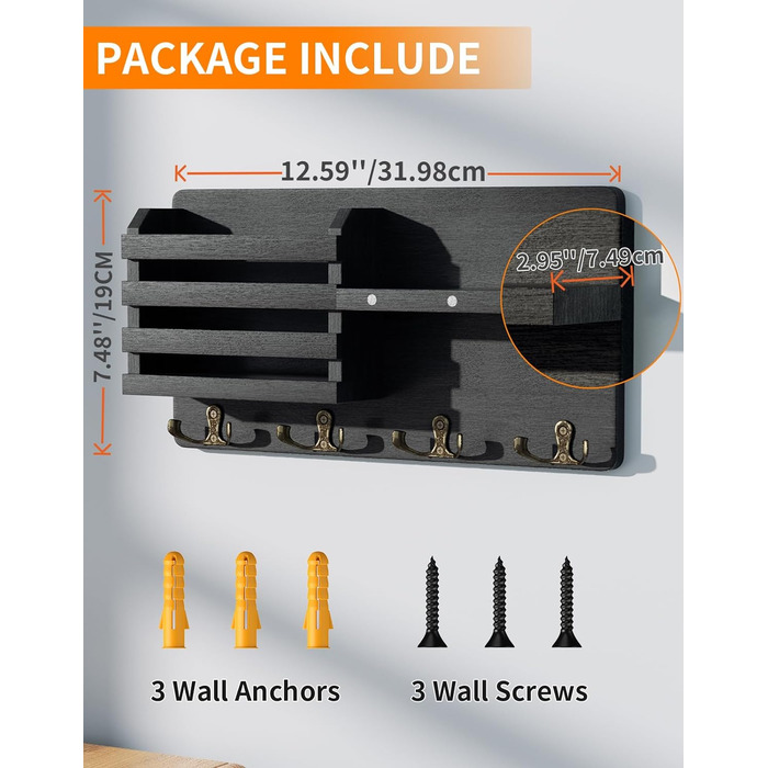 Ключниця - Ключниця на магніті, ключниця з 4 подвійними гачками для ключів, декоративна ключниця з дерев'яною поличкою для входу,