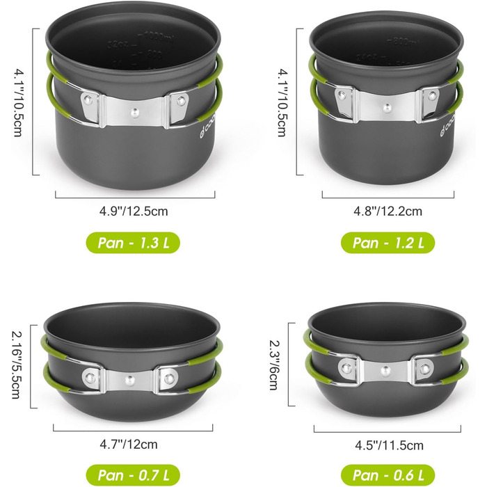 Набір посуду для кемпінгу Odoland, 16 предметів для 2 осіб, посуд для кемпінгового використання з алюмінію та нержавіючої сталі, кемпінгові горщики, чашки, складні столові прибори, міні-пічка для кемпінгового посуду, пікніків та походів.