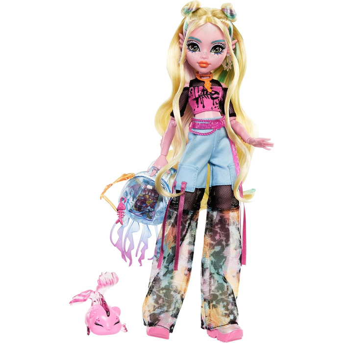 Лялька Monster High Lagoona Blue у сітчастій футболці та штанях-карго з рибкою Нептуною та аксесуарами, такими як рюкзак, перекус та блокнот, HXH75 Lagoona Blue з Нептуною