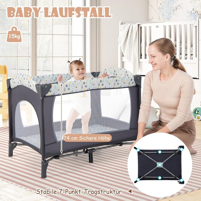 Дитяче ліжечко DREAMADE 4-в-1, складне та портативне дитяче ліжечко з колесами, матрац, пеленальний килимок та музичний мобіль, 102 x 72 см, приліжкове ліжечко для малюків 0-36 місяців (бежевий)