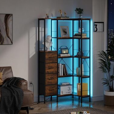 Ярусна кутова полиця, стояча, зі світлодіодним освітленням та 4 шухлядами, полиця, книжкова шафа, кухонна полиця, полиці, кутова шафа, для вітальні, спальні, офісу, кухні, вінтажний коричневий, 5-