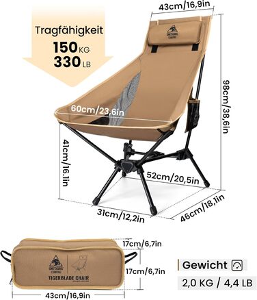 Крісло для кемпінгу OneTigris TIGERBLADE, висока спинка, складне, вантажопідйомність 150 кг, легка трикутна рама, складне рибальське крісло з 2 боковими кишенями, надлегке складне крісло для використання на свіжому повітрі, для походів, колір койот-коричн