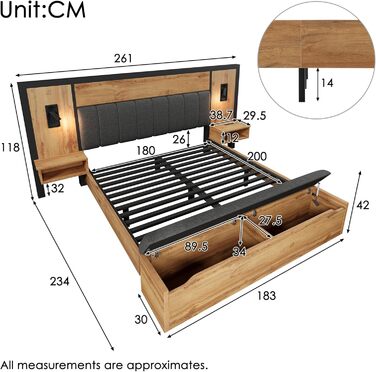 Двоспальне ліжко Kebnor з м&39якою поверхнею, комплект ліжка з лампою для читання та USB-портом, тумбочкою та лавкою для зберігання речей, каркас ліжка з рейковою основою з металу, дерева та льону, дуб (матрац не входить до комплекту) (180200 см) 180200 с