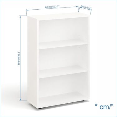 Полиця шириною 60 см Біла - Книжкова полиця з 3 рівнями та полицями з регульованою висотою, окремостояча полиця, полиця для зберігання Книжкова полиця Lumo 60 x 90 x 24 см (Ш x В x Г) 3 рівні (60Ш x 90В x 24Г) Біла