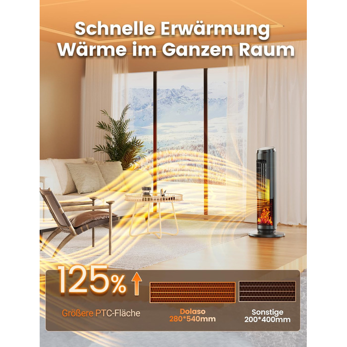 Енергозберігаючий керамічний електричний обігрівач потужністю 2000 Вт з дистанційним керуванням, ефектом димоходу, термостатом, коливаннями 70, режимом ECO, 3 режимами, таймером 1-8 годин, захистом від перегріву та перекидання, тихою роботою для офісу та 