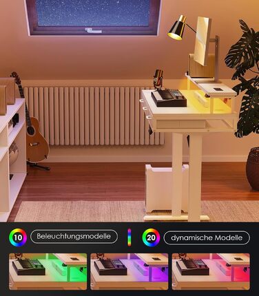 Електричний письмовий стіл OffiGo з шухлядами, стіл з регульованою висотою 120 см та підставкою для монітора, стіл для роботи стоячи з розетками та світловою стрічкою, офісний стіл з регульованою висотою, білий 120 x 54 см