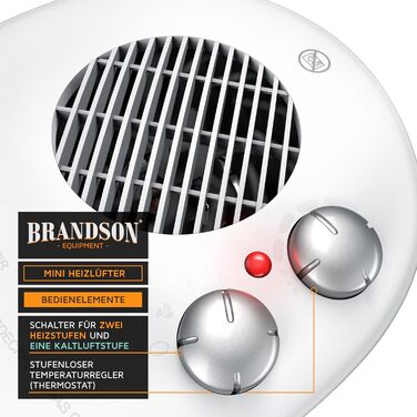 Енергозберігаючий тихий вентилятор-обігрівач Brandson, 3 рівні потужності, вентилятор-обігрівач для ванної кімнати з термостатом, індикатор роботи, 2000 Вт, низький рівень шуму, енергоефективний, захист від перегріву, автоматичне вимкнення A Білий