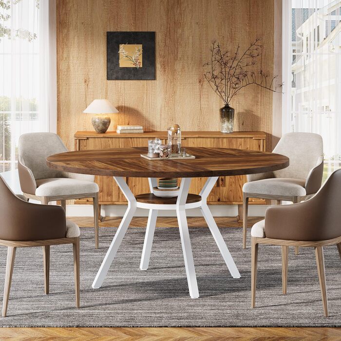 Круглий обідній стіл Tribesigns для 4 осіб, круглий обідній стіл 120 см з металевою основою, кухонний стіл з полицею для зберігання для дому, їдальні, вітальні, білий (коричневий)