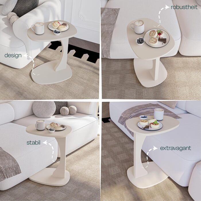 Приставний столик для дивана з колесами, маленький С-подібний приставний столик, столик для дивана стильного пісочно-бежевого кольору, маленький журнальний столик для вітальні, ідеальна поверхня для ноутбуків, чашок - Norma