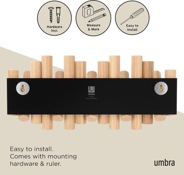 Вішалка Umbra Picket - Вішалка та сучасна прикраса для стін з 5 відкидними гачками, виготовленими з шліфованої сосни, натуральної