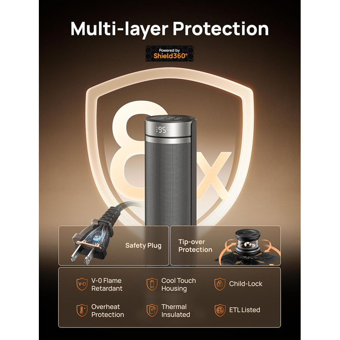 Дюймовий вентилятор-обігрівач Dreo, тихий електричний обігрівач потужністю 2000 Вт для спальні з пультом дистанційного керування, 12-годинний таймер, коливання 70, 5 режимів, керамічний PTC з термостатом, обігрівач для великих кімнат, офіс, сріблястий, 23