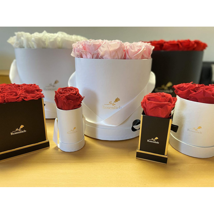 Коробка для троянд Rosenlieb з 4 трояндами Infinity (термін зберігання 3 роки) Справжні збережені квіти Flowerbox вкл. листівку Подарункова коробка для жінок, подруга, різдво (квадрат Bravo чорний, рожевий)