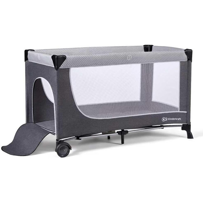 Дитяче ліжечко Kinderkraft LEODY зі спальним місцем 120 x 60 см, регульоване по висоті, з колесами, швидко та легко складається та розкладається, забезпечує циркуляцію повітря, легко транспортується з сумкою для перенесення, сірого кольору.