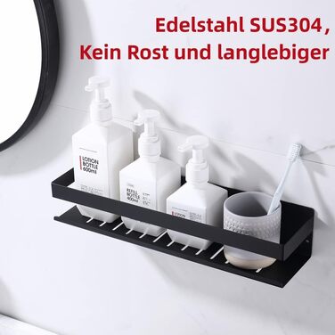 Полиця для душу HomeHeng без свердління, матово-чорна, Полиця для душу Настінна полиця для ванної кімнати Кошик для душу з нержавіючої сталі SUS304 Полиця для ванної кімнати, нержавіюча, самоклеюча 40 см для ванної та кухні, H91107-40MB