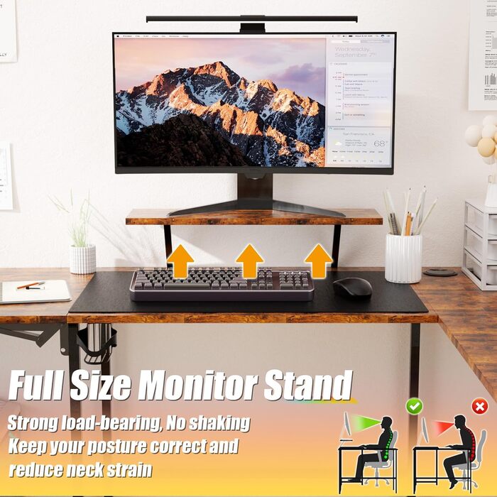 Ігровий стіл із розумним світлодіодним освітленням, L-подібний стіл із подовжувачем для домашнього офісу, кутовий стіл 120-150 см з розеткою, сумка для зберігання, підставка для монітора, вінтажний коричневий колір