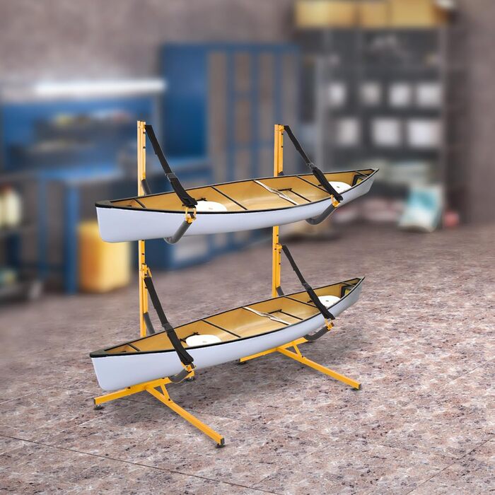 Окремостояча стійка для зберігання каяків, стійка для каяків на вулиці та в приміщенні, тримач для каяків вміщує два каяки вагою до 108 кг (В) * 117,8 см (Д) * 91,4 см (Ш), стійка для каное, регульована висота, захищена від атмосферних впливів