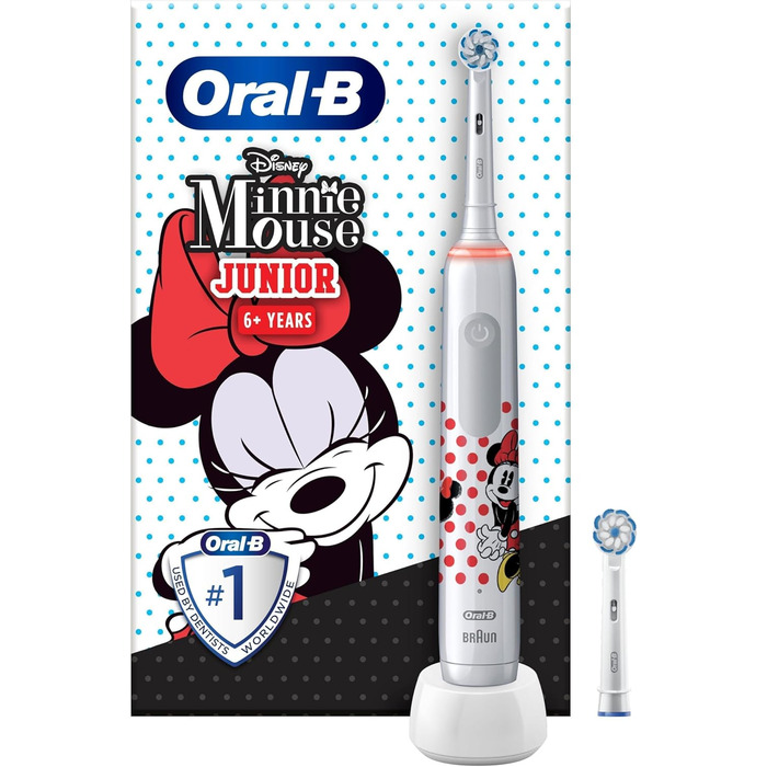 Електрична зубна щітка/електрична зубна щітка Oral-B Junior Minnie Mouse, діти від 6 років, 2 щітки, регулювання тиску на 360, 2 режими чищення, включаючи чутливий догляд за зубами, м'яка щетина, таймер, біла біла ука (1 упаковка)