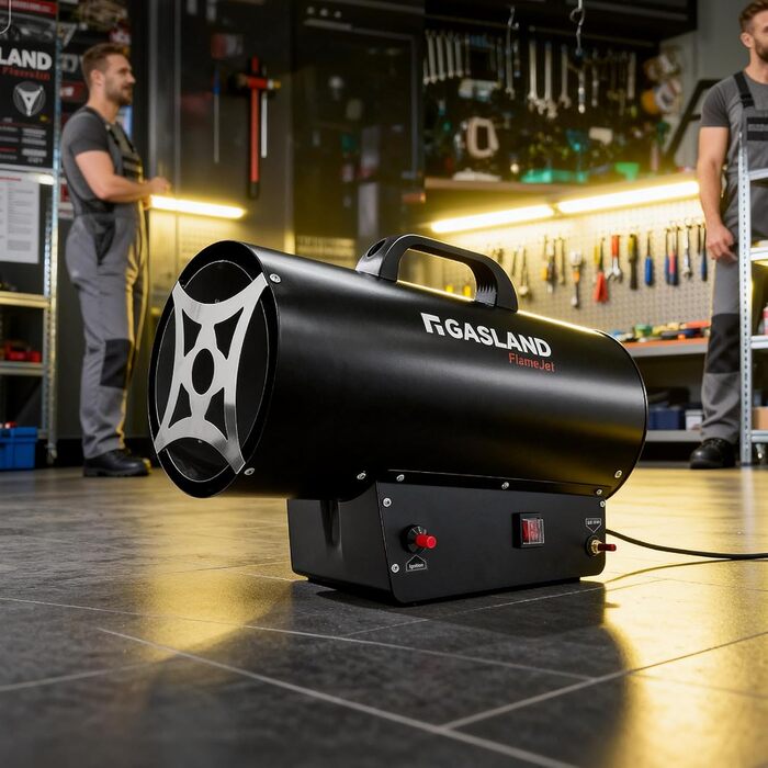 Газовий обігрівач GASLAND FlameJet FH30FBDE потужністю 30 кВт з редукційним клапаном 700 мбар, конвекційним нагрівом, турбовентилятором, захистом від перегріву