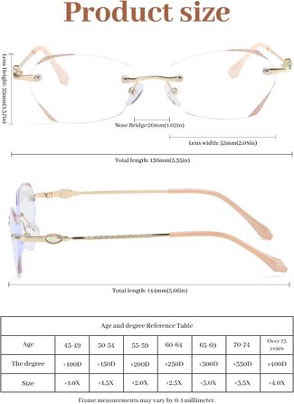 Жіночі окуляри для читання LUFF без оправи, безоправний металевий модний діамантовий край з синім світлом для комп'ютерного читання, проти навантаження на очі 1,5 шт. золото