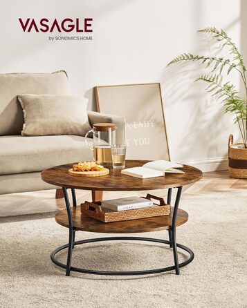 Круглий журнальний столик VASAGLE, столик для вітальні, диван-столик з полицею, легке складання, металевий, промисловий дизайн, вінтажний коричневий-чорний LCT80BX Вінтажний коричневий чорнильний
