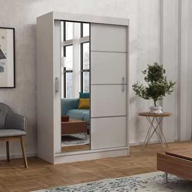 Шафа з дзеркалом шириною 100 см Windsor Tomy I Шафа для спальні з 2 рейками для одягу та полицями для одягу I Шафа Біла Біла - Дзеркало 100 см