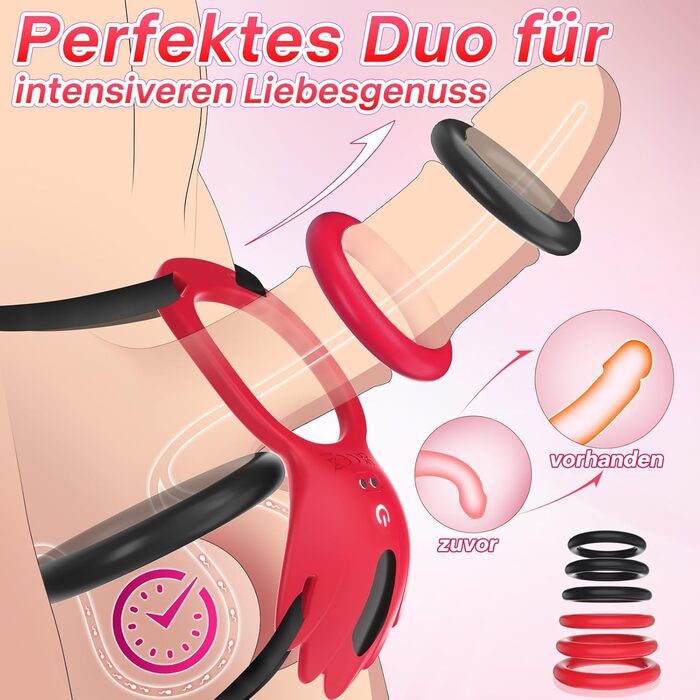 Вібратор Tagnaff, з 6 ерекційними кільцями та стимуляцією клітора, червоний, силікон