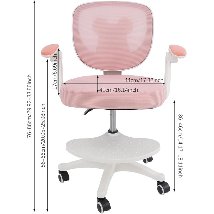 Дитячий офісний стілець для дітей віком від 6 років, регульований по висоті обертовий стілець, ергономічний офісний стілець з підлокітниками, спинкою та колесами, стілець для хлопчиків та дівчаток (рожевий)