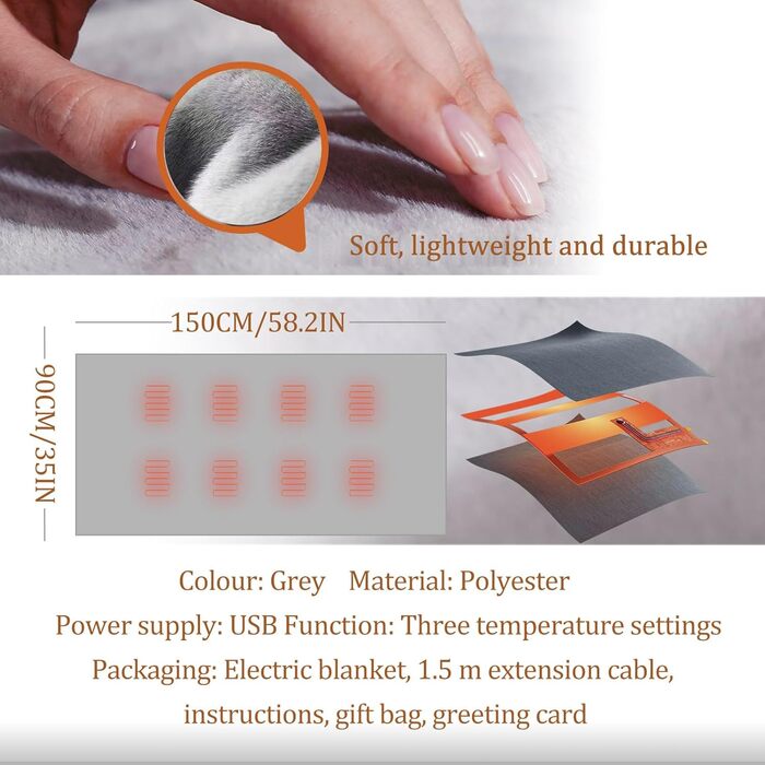 Бездротова електрична ковдра з 8-зонним обігрівом, 3 режими нагріву, подовжувач 1,5 м, хутро кролика, можна прати, електрична ковдра, яку можна носити, для дивана, офісу, автомобіля, кемпінгу, сіра