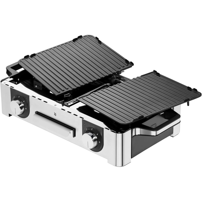 Гриль, електрогриль, 50x28 см, електрогриль Настільний гриль з лобовим склом і піддоном для крапель, сертифікований на відкритому повітрі для барбекю, 2 окремо регульовані поверхні гриля, 2400 Вт, нержавіюча сталь матова