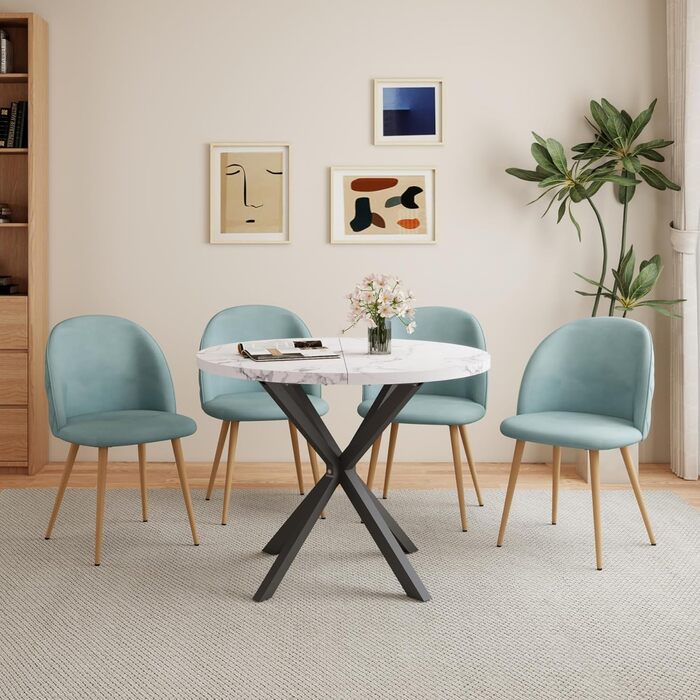 Сучасний круглий обідній стіл з промисловим листовим металом та чорними металевими ніжками - Скандинавський стіл для вітальні або кухні, 4-6 осіб, 100 см - Мармурова структура білийчорний