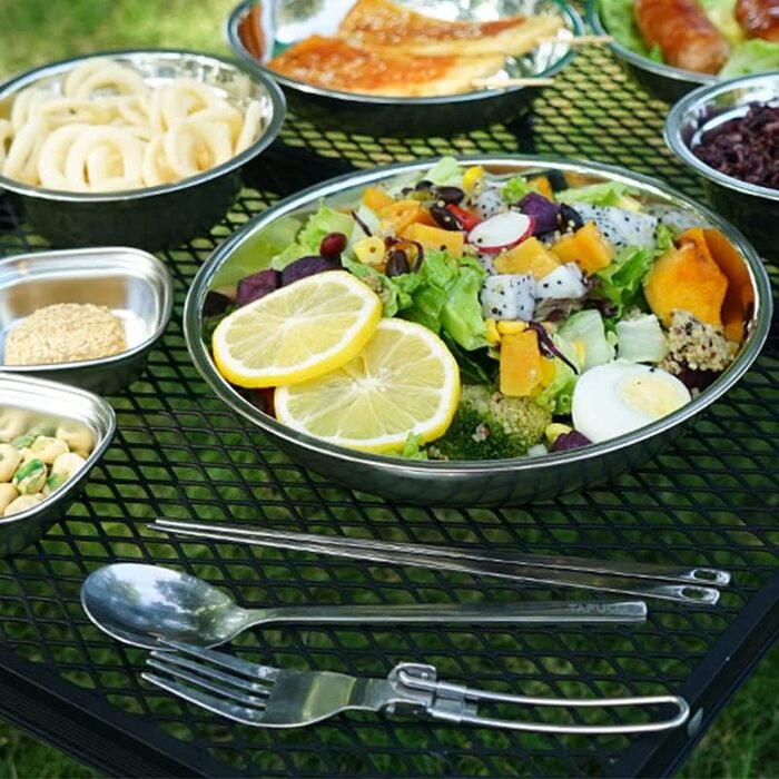 Набір посуду для кемпінгу на 22 частини, портативний похідний набір, полірований посуд з нержавіючої сталі, столові прибори для туризму та походів