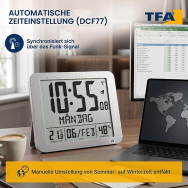 Цифровий радіокерований годинник TFA Dostmann 60.4516.54 з термогігрометром, відображенням дня тижня (10 мов), 2 функціями будильника, настільний/настінний, сріблястий, 248 x 25 (73) x 206 мм