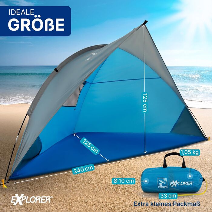 Пляжний намет EXPLORER Travel із захистом від ультрафіолету 80 240x125x125 см Маленький розмір у упаковці 9x32 см Легкий 1 кг Пляжний намет із сонцезахисним тентом та вітрозахисним тентом, дорожній розмір