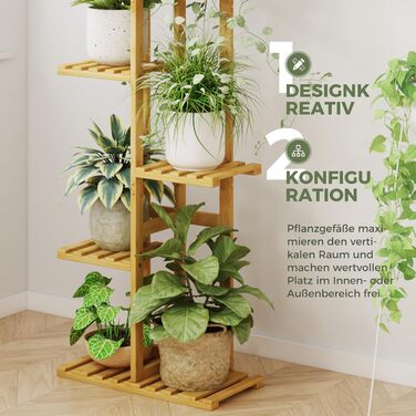Підставка для рослин Bamworld, підставка для квітів, бамбукова полиця для рослин, кімнатна полиця для квітів, невелика металева підставка для квітів для тераси, саду, балкона, вітальні, спальні (6 ярусів), бамбук, 6 ярусів