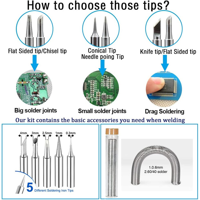 Набір паяльників, паяльник 60 Вт з вимикачем 200-450C, регульована ручка температури, 5 жал, вигнутий пінцет, паяльний дріт, підст