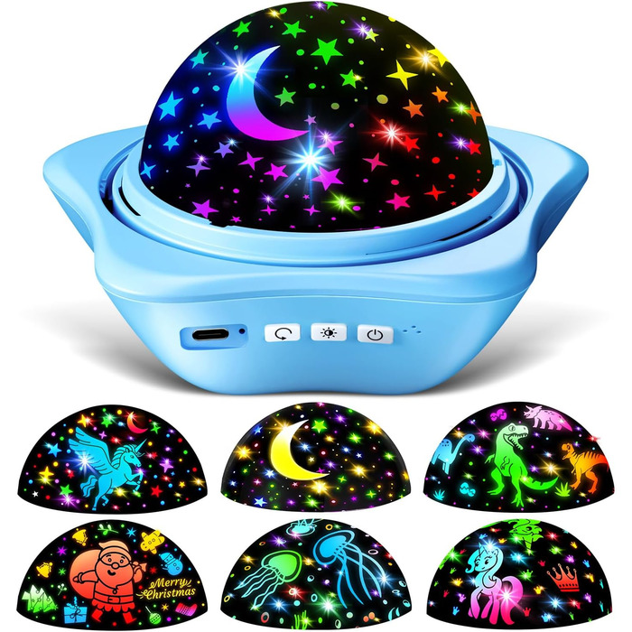 Один вогняний нічник-проектор зоряного неба для дітей, 96 режимів освітлення, дитяча іграшка, нічник з батареєю 2400 мАг для дітей, обертовий на 360 зоряний проектор, 16 кольорів та 6 фільмів, подарунки для хлопчиків, декор для дитячої кімнати, синій