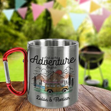 Персоналізована кружка з нержавіючої сталі з карабіном І так починається пригода металева кружка об&39ємом приблизно 330 мл, подарунок для кемпінгу для чоловіків та жінок для активного відпочинку