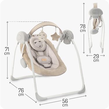 Електронний шезлонг MoMi LISS для немовлят до 9 кг, складний, живлення від батарейок або мережі, адаптер живлення з USB-кабелем, 5-точковий ремінь безпеки, дуга з іграшками, 6 мелодій, таймер, 5 швидкостей гойдання, бежевий колір