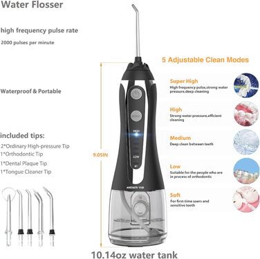 Переможець тесту іригатора 2024 року, іригатор для порожнини рота, бездротовий іригатор для порожнини рота 300 мл, IPX7 Home & Travel для брекетів і моста (чорний)