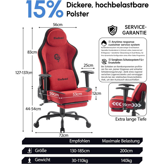 Геймерське крісло, тканинне ігрове крісло та підголівник, ергономічне комп&39ютерне крісло, офісне крісло з підставкою для ніг, комп&39ютерне крісло з регульованою поперековою опорою, подарунок для геймерів (червоне)